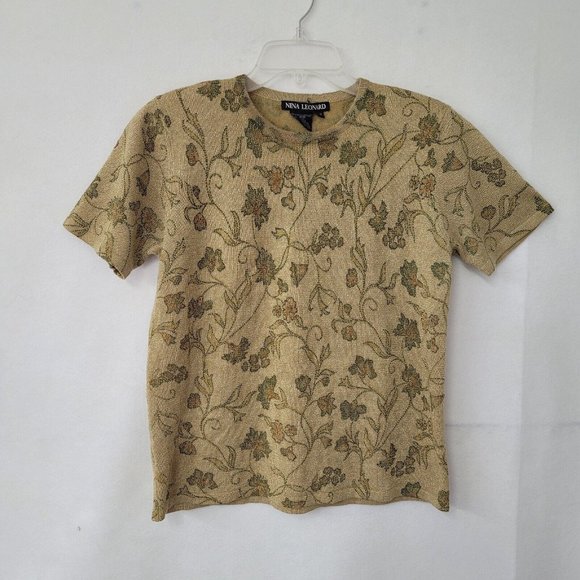 Nina Leonard Sweater Women‎ M Short Sleeve Floral Leaf Metallic Shoulder Pad - Picture 2 of 10